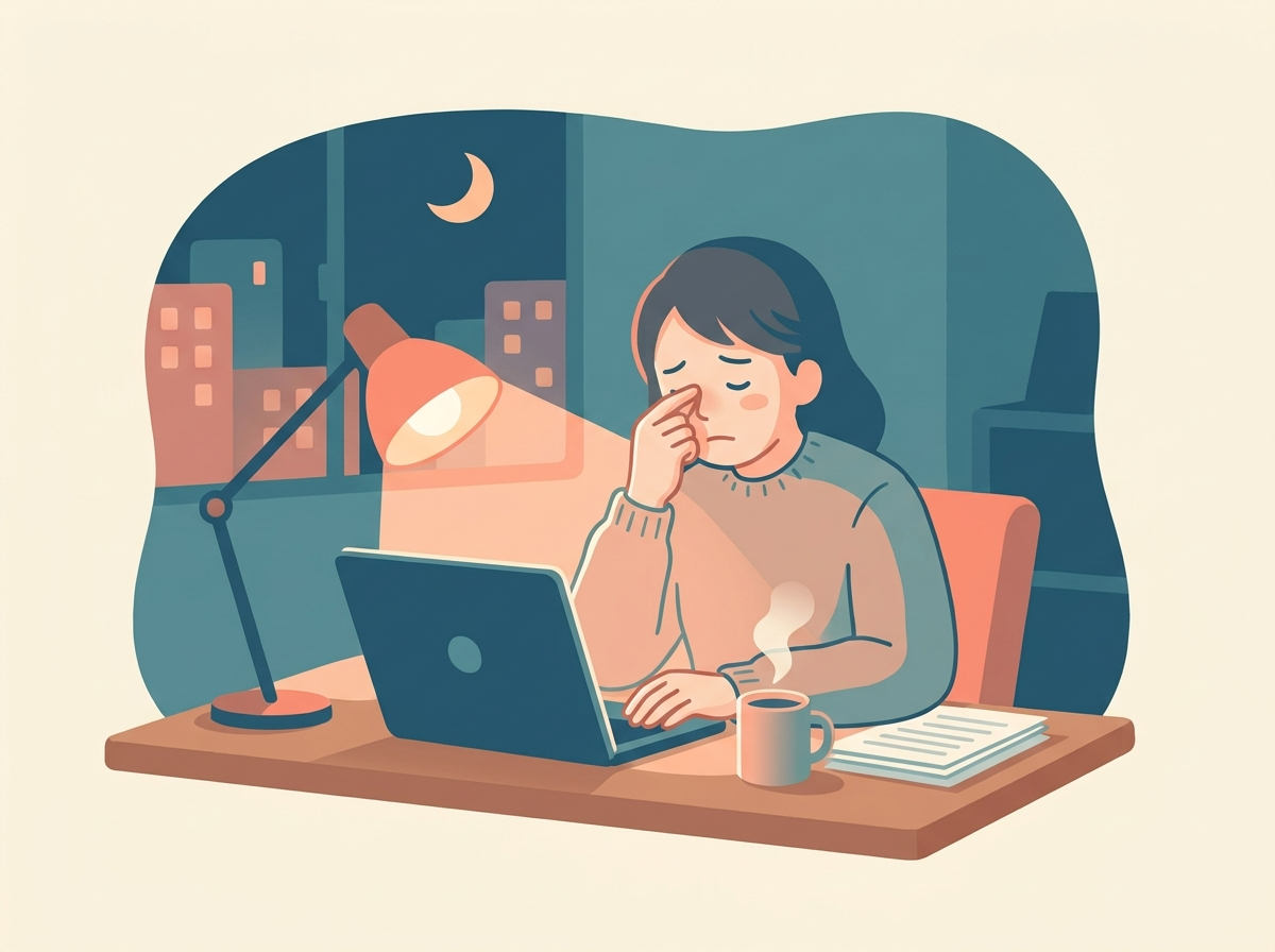 パソコン作業で目の疲れを感じている人のイラスト