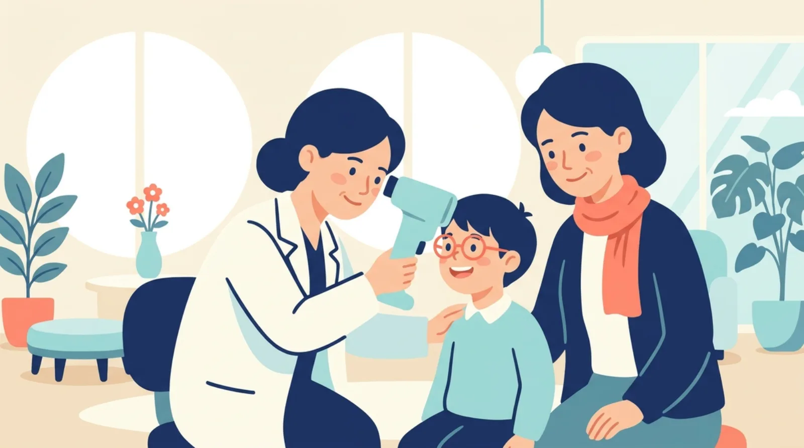 眼科医が子どもの目を診察するあたたかいイラスト