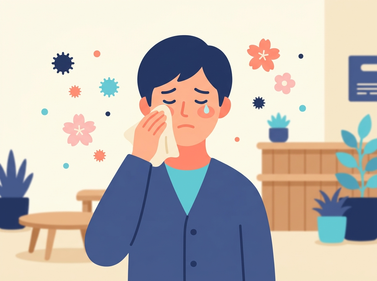 花粉の季節に目のかゆみをぬぐう人のイラスト