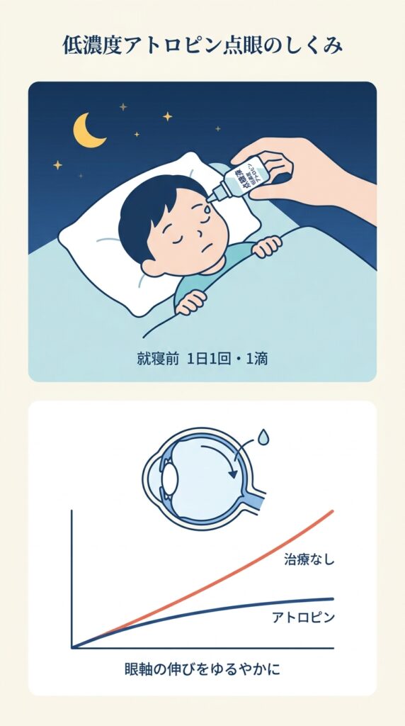 低濃度アトロピン点眼のしくみ
低濃度のアトロピンを眼に点眼することで、近視の進行に関与するとされるメカニズムに働きかけ、眼軸長(がんじくちょう)の伸びを抑える ことを目指す治療です。国際的にも近視抑制治療のひとつとして広く用いられています。