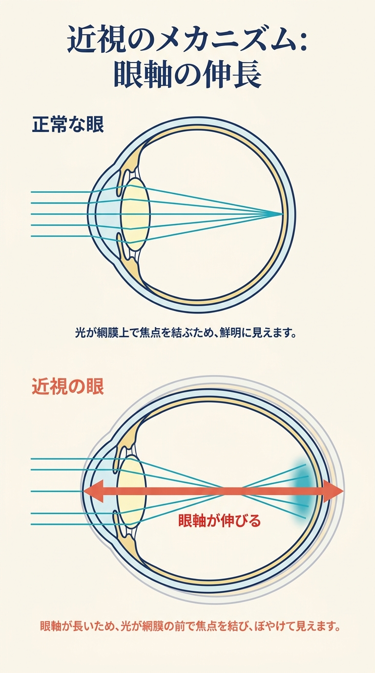 近視のメカニズム図解:眼軸の伸長について